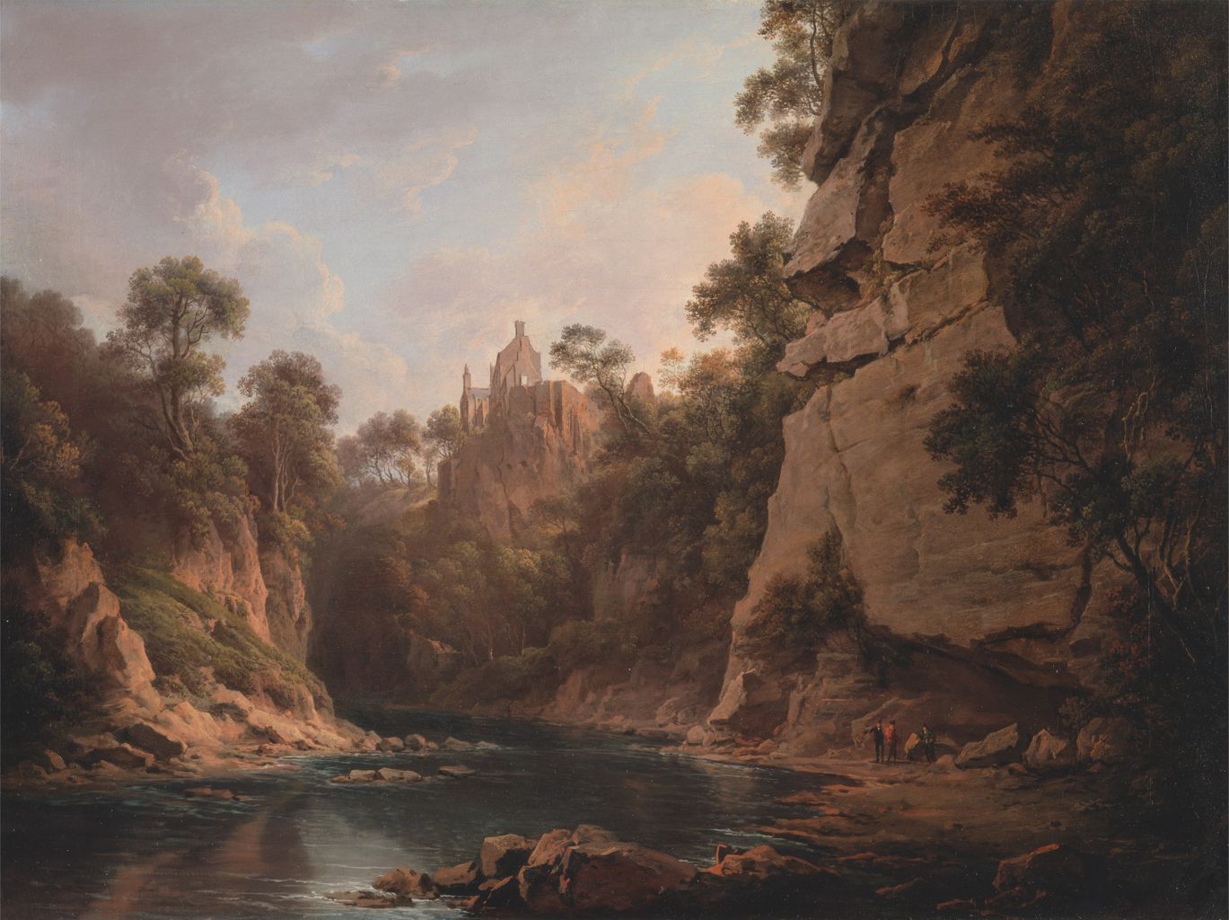 the image is a landscape painting featuring a river flowing through a valley. on one side, a large rock cliff rises, partially covered with trees. on the opposite side, a canyon with lush greenery and trees leads towards a set of ruins built on a high rocky outcrop. the sky is filled with clouds, and sunlight filters through, illuminating parts of the landscape. three small figures of people stand near the riverbank. the artwork is done in a realistic style with attention to detail, especially in the rocks and foliage. the overall mood is serene and evocative of a historical or natural setting.