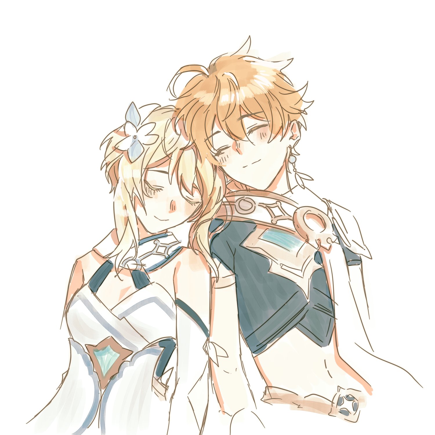 an anime style drawing of a couple hugging. the female character is on the left and the male character is on the right. the female character is leaning against the male character while he holds her close. they both have blonde hair and are smiling. the male character is wearing a white shirt and a black and white sash around his waist, while the female character is wearing a white dress. the image is set against a white background.