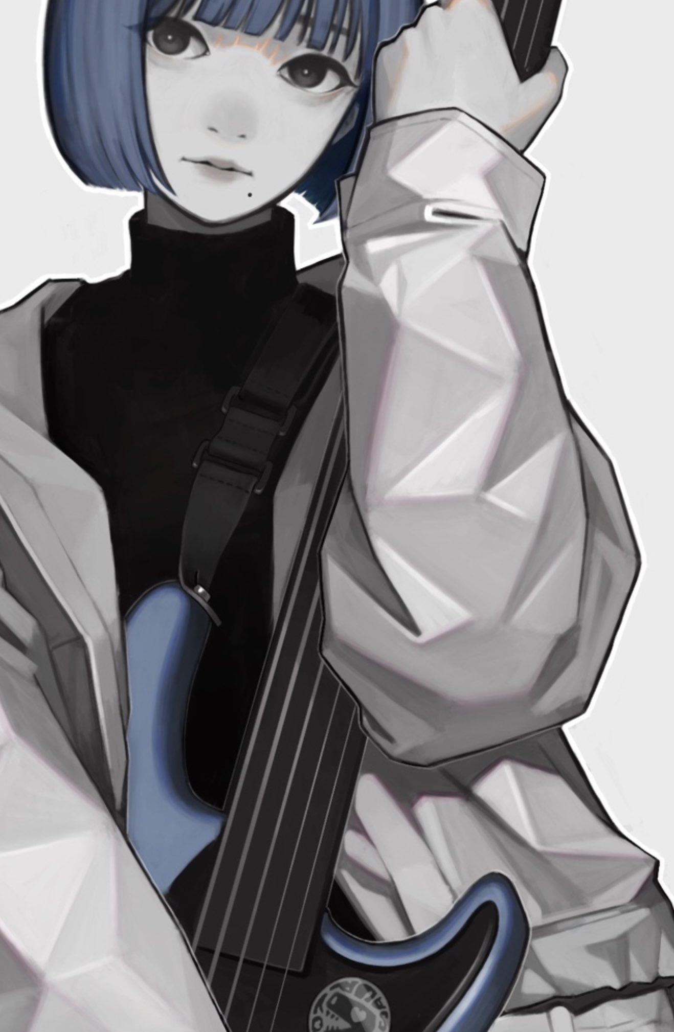 the image is a digital illustration of an animestyle girl with short, blue hair. she is depicted from the shoulders up, holding a bass guitar.  her clothing is a striking white coat with a geometric, almost origamilike texture.  the bass guitar has a dark fretboard and a light blue body.  the overall style leans towards a realistic portrayal of the character's features, contrasted with the highly stylized clothing and slightly muted color palette. the image has a cool, calm, and slightly mysterious atmosphere.