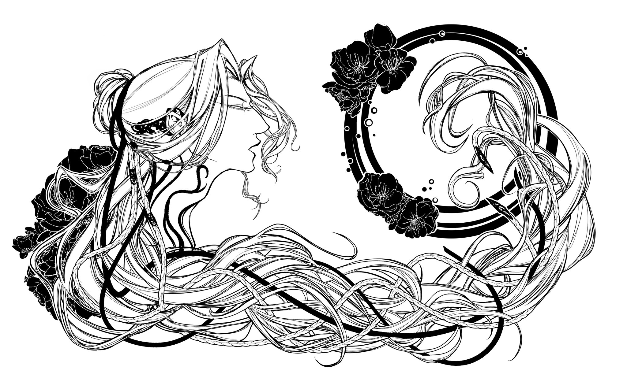 this is a black and white illustration of a woman with long flowing hair. the hair is very intricate, and it looks like it could be a part of a pattern. the woman is surrounded by floral elements, and she has a flower in her hair. the whole illustration is very elegant and graceful.