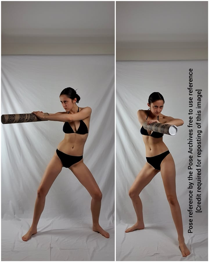 a woman in a black bikini stands in a fighting stance, wielding a patterned staff. she is captured in two similar poses, demonstrating a dynamic action sequence against a plain white backdrop. the lighting is soft and even, highlighting her form and the movement.```