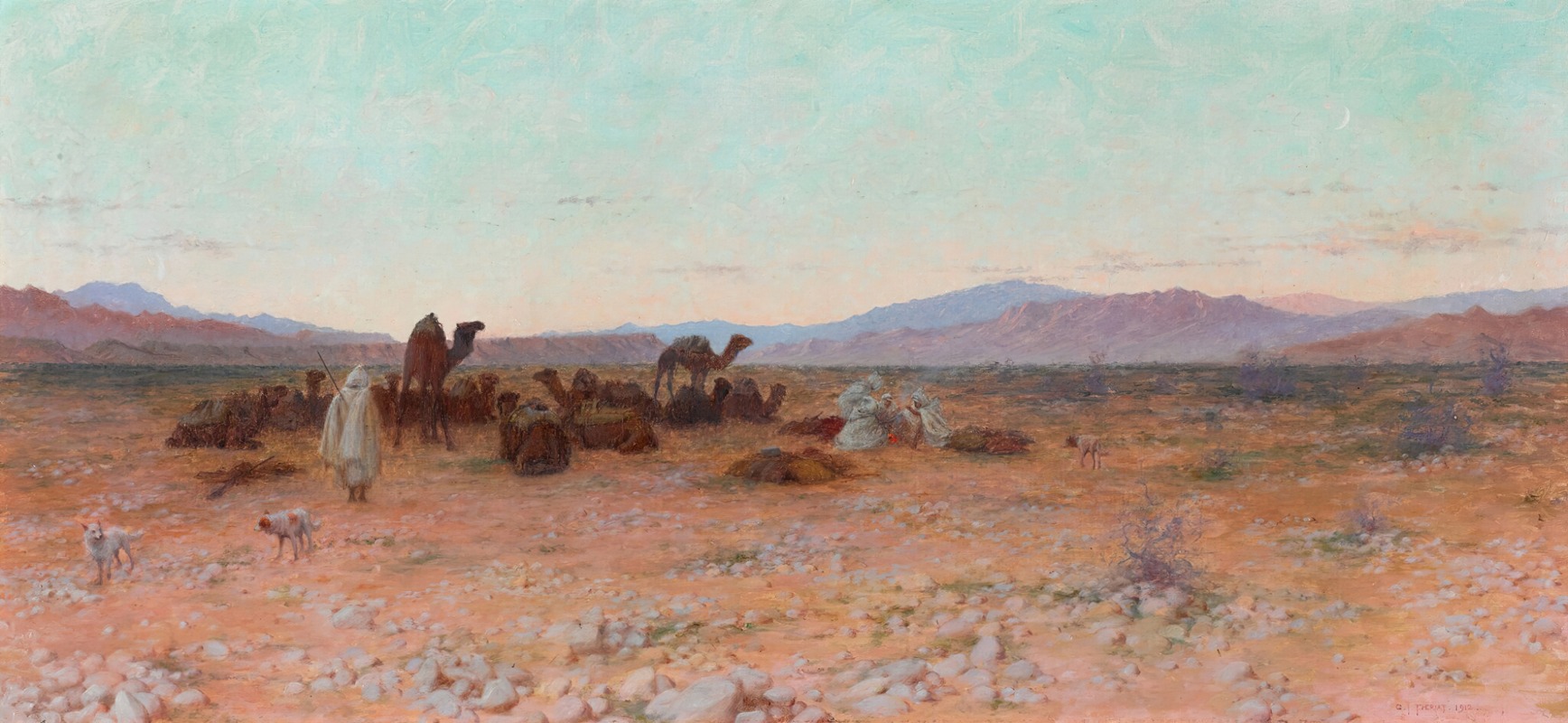 a wide oil painting on canvas depicts a desert landscape with a camel encampment. in the foreground, a rocky, arid terrain leads towards a group of resting camels and figures, some clad in white robes. two dogs stand near a figure in the foreground. the background shows distant mountains under a sky with a crescent moon near the horizon. the artist's signature is visible in the lower right corner.