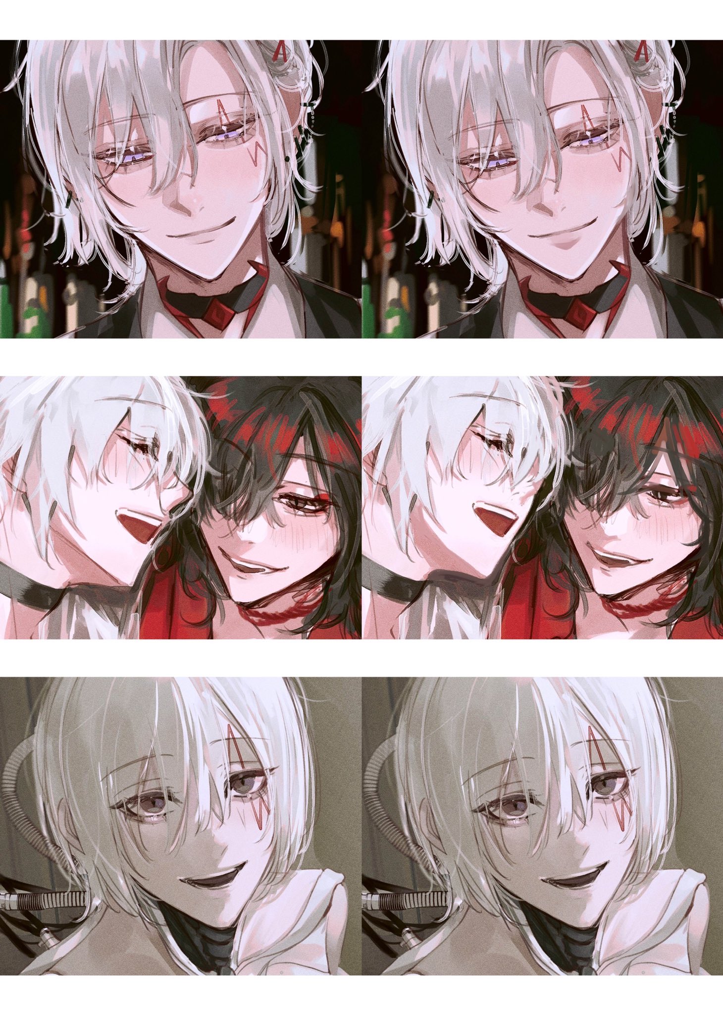 the image is a digital illustration of two anime girls, one with white hair and red eyes and the other with red hair and red eyes. the whitehaired girl is on the left and has a small smile on her face, while the redhaired girl is on the right