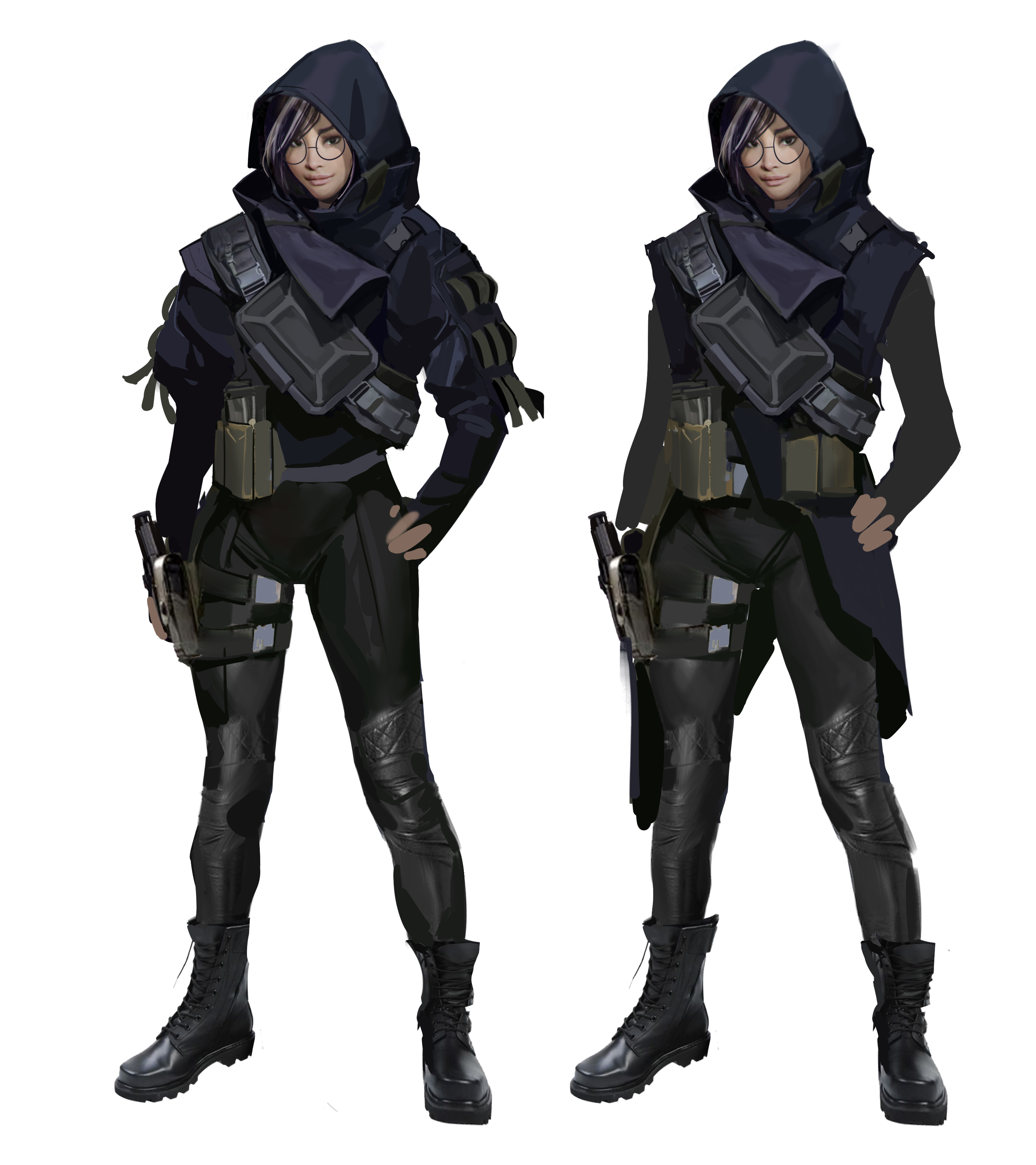 the image presents two variations of a female character concept art.  both versions depict a young woman with short purple hair, wearing glasses and a dark hooded tactical outfit. she's equipped with a thigh holster and sidearm. the left version shows a slightly more compact and fitted attire, while the right demonstrates a longer, more flowing coat. both poses are confident and combatready. the style is consistent with video game or cyberpunk character design. the art is digitally painted, with attention to detail in clothing and texture.  the differences between the two figures are subtle but noticeable, suggesting exploration of design choices.