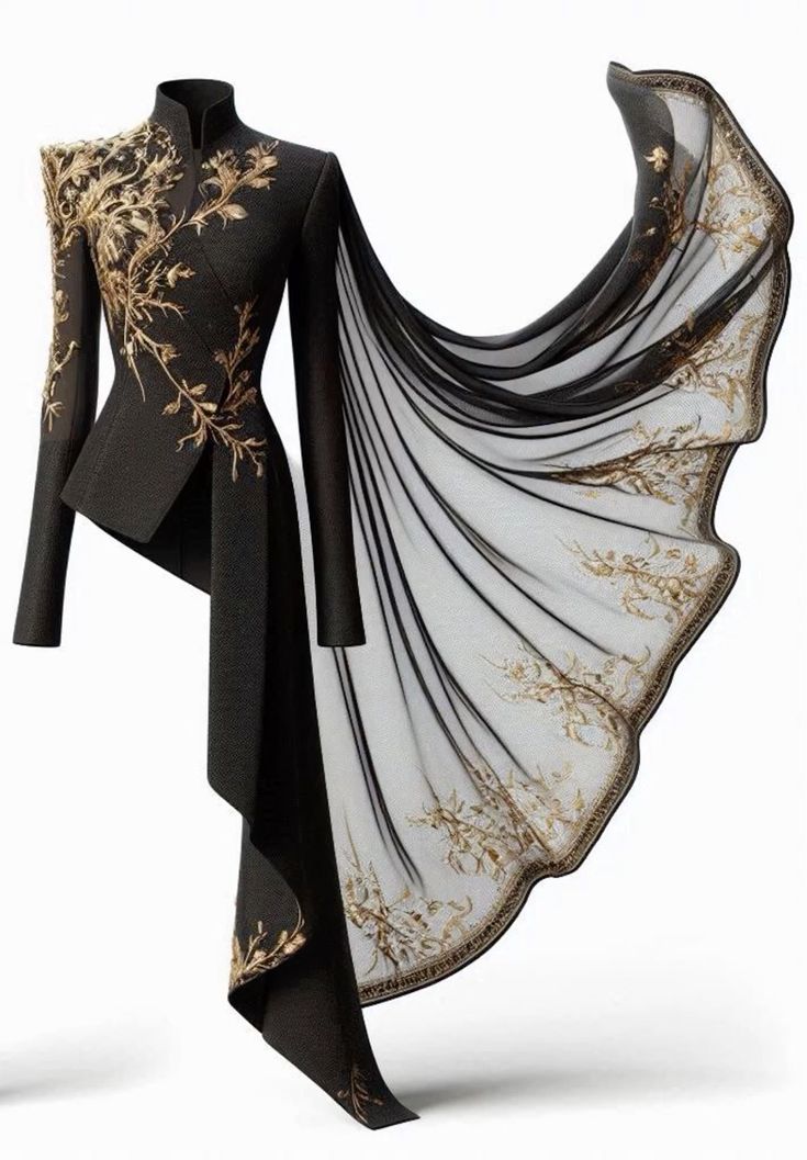 an image shows a black dress with gold embroidery details. the dress has a high neck and asymmetric cut. it features a long cape made of chiffon material, also embroidered with gold details. the dress appears to be formal wear and displays a unique fashion design.