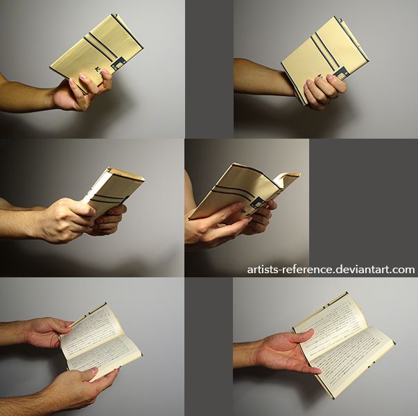a set of six photographs showing different ways to hold a book. the photos are taken against a white background and show the book from different angles and in different positions. the photographs would be useful for artists who are looking for reference images for drawing or painting.