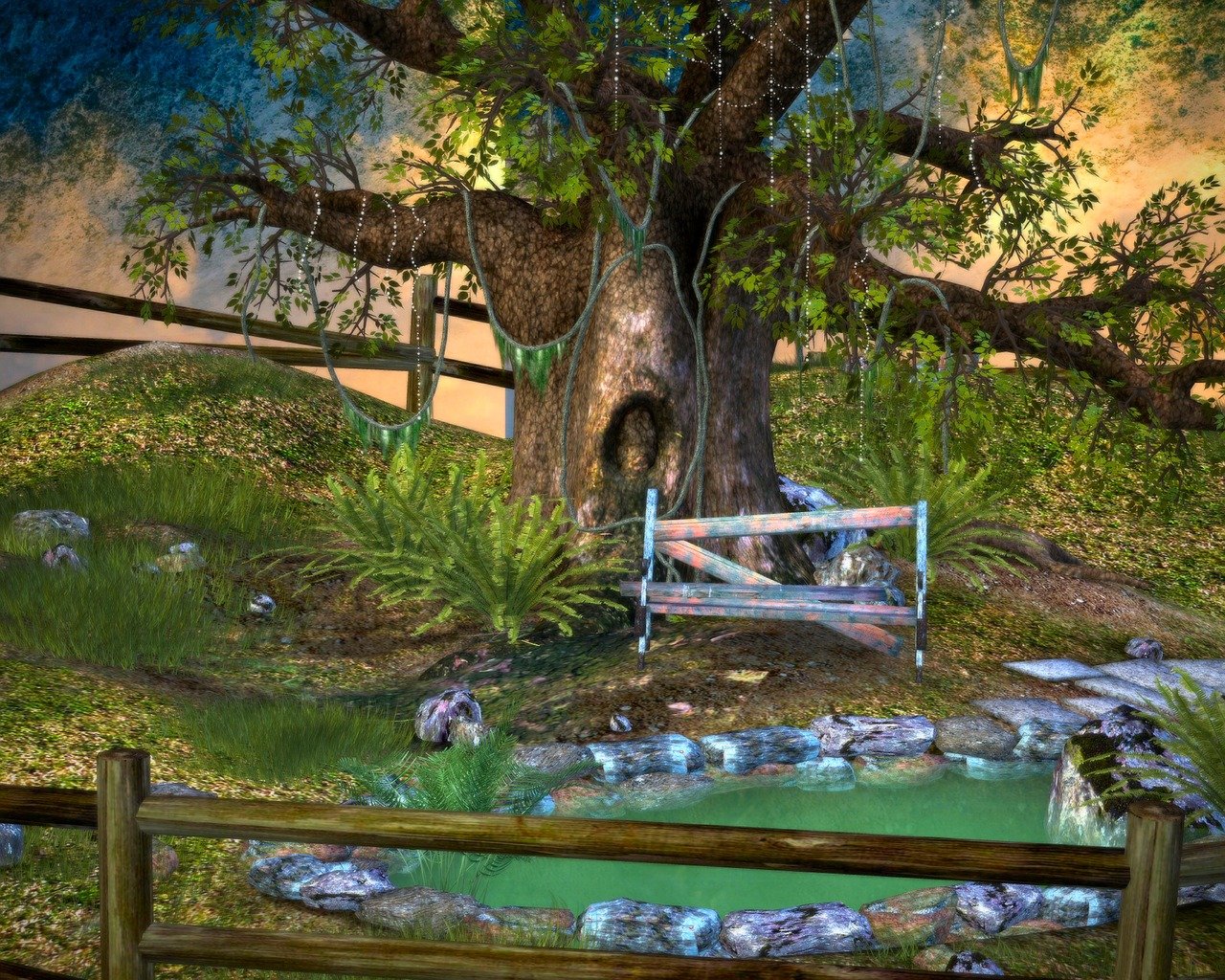 a whimsical landscape featuring a large, gnarled tree decorated with hanging ropes and lights. a weathered bench sits beneath the tree near a small, green pond lined with rocks. a wooden fence surrounds the area, which includes a grassy hill and lush greenery. the scene has a fantasy or fairytalelike aesthetic.