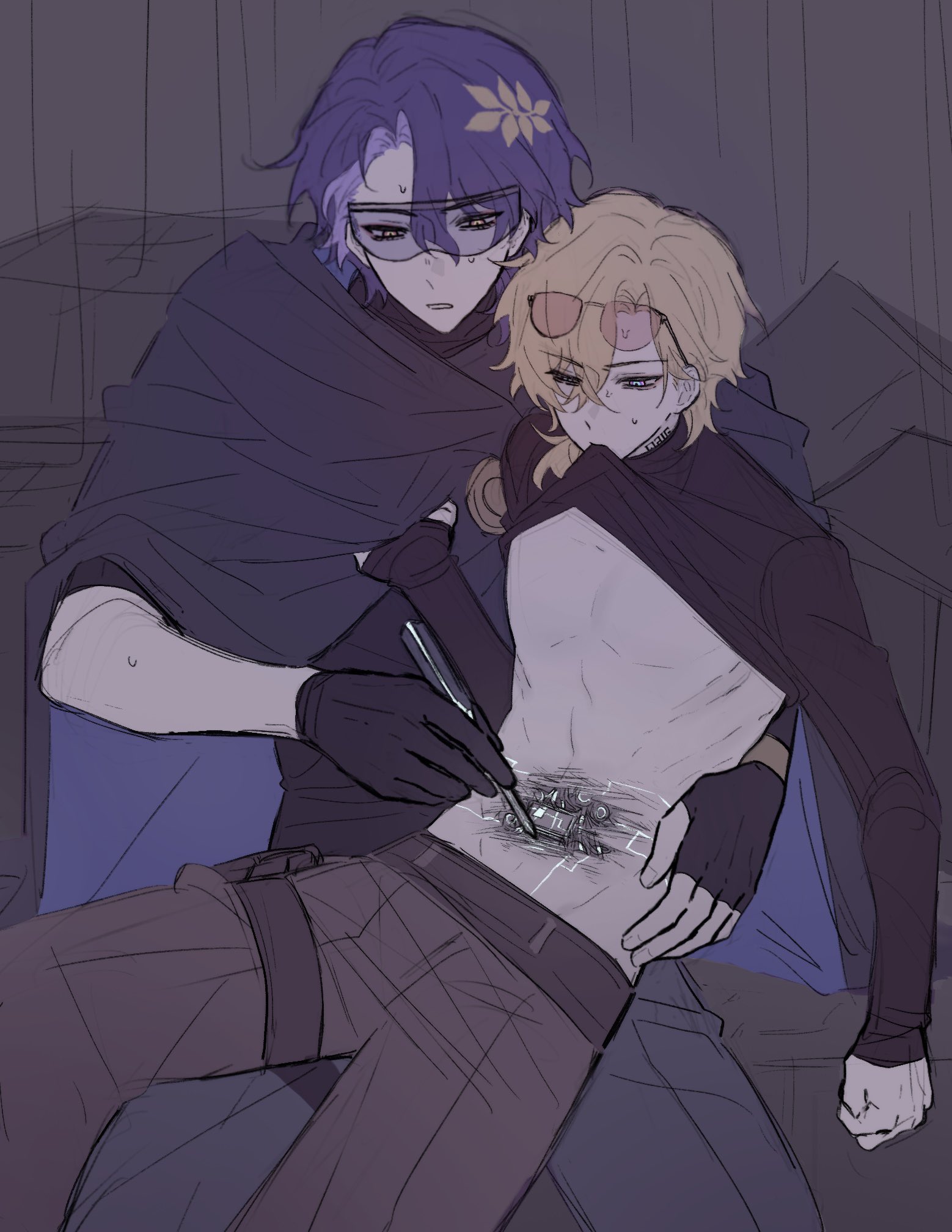 the image is a piece of fanart depicting two male characters in a close embrace. one character with purple hair and glasses appears to be performing a medical procedure, possibly surgery or body modification, on the other character with blonde hair. the blonde character is lying down, with their stomach exposed, and what looks like small metallic implants are being embedded into their abdomen. the setting appears dark and futuristic. the style is animeinspired, with soft shading and detailed character designs.