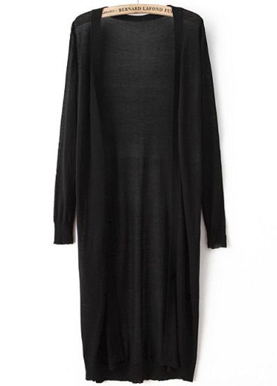 a long, black cardigan is hanging on a hanger. the cardigan has long sleeves and is open in the front. the hanger is visible at the top of the image. the background is white.