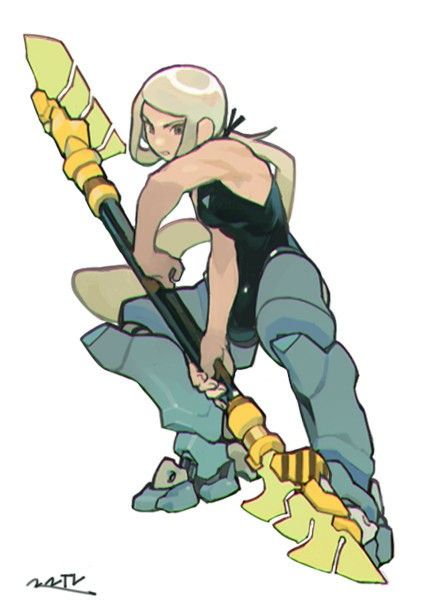 a female anime warrior in a black and teal outfit is holding a spear, ready for battle. she has blonde hair and is in a dynamic pose, her left foot is lifted and her body is angled in a way that suggests she's in motion. the background is a simple white, allowing the figure and her weapon to stand out. the illustration is done in a colorful and expressive style with detailed linework and shading.