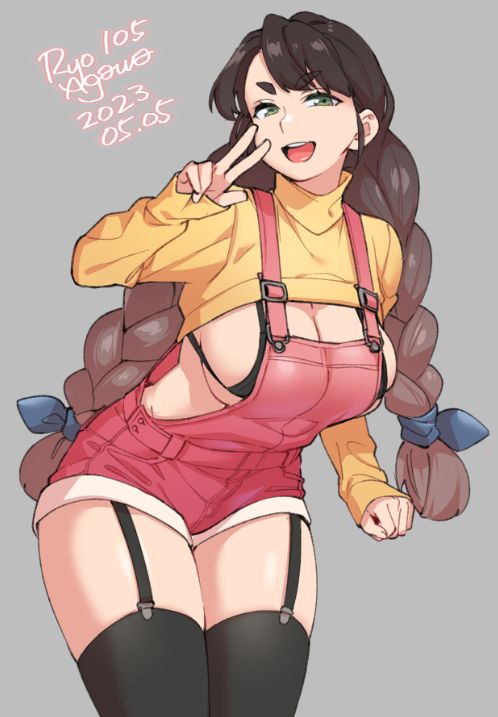an anime girl with long brown hair braided into pigtails, wearing a yellow crop top with a pink overalls and a white trim on the shorts. she is wearing black stockings with garters, a pair of black suspenders over the top of her overalls. her hair has a blue bow on the side. she is holding a peace sign and has a big smile on her face, as if she is happy and carefree.