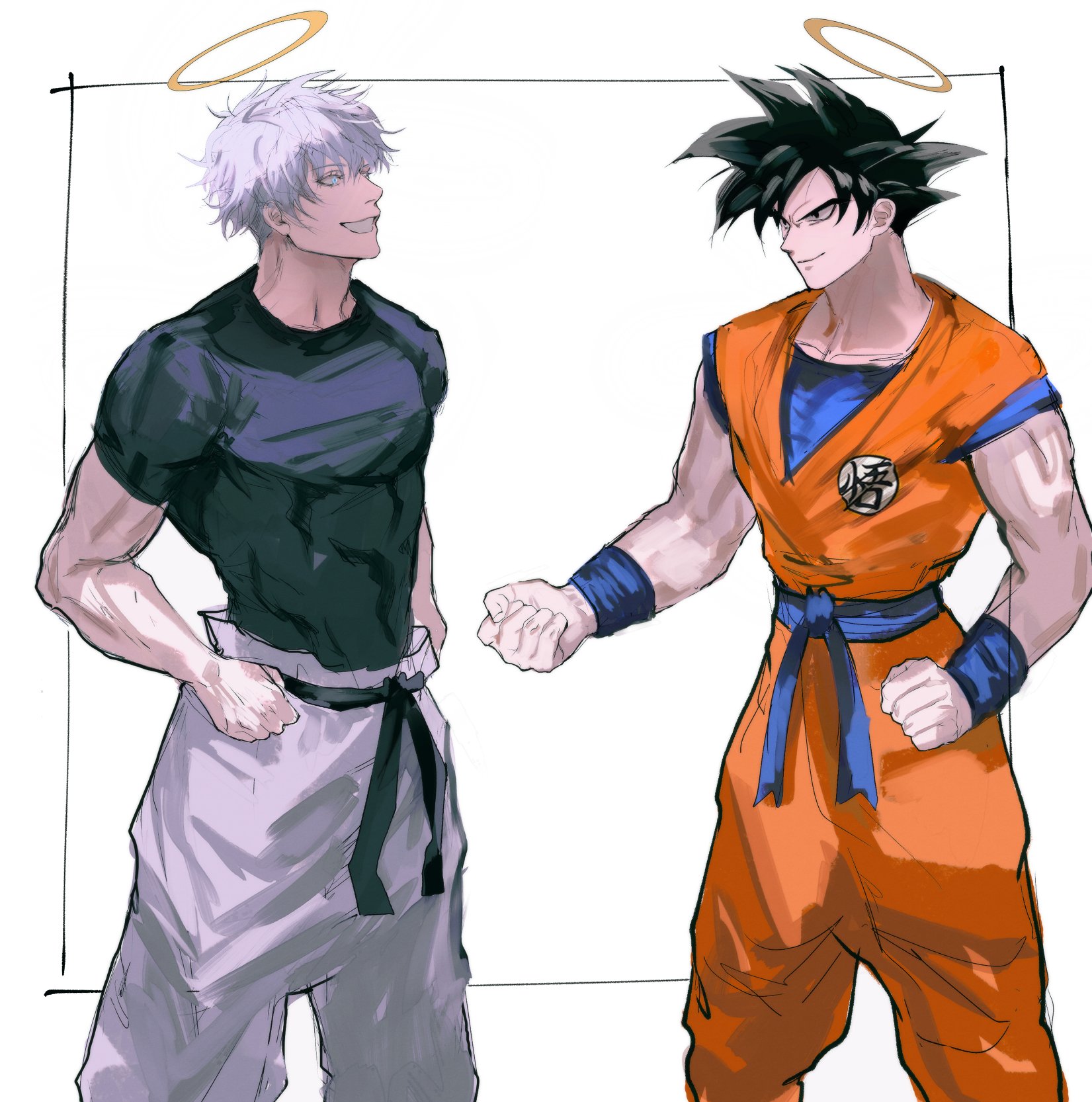 this is an illustration of two anime characters. one character is on the left and he has white hair and black clothing. he is wearing white pants with a black belt. he is standing in a karate stance. the other character is on the right. he has black hair and is wearing a classic orange and blue gi. he is also standing in a karate stance. both characters are smiling and are looking at each other. the background is white and has a halo above each character's head.
