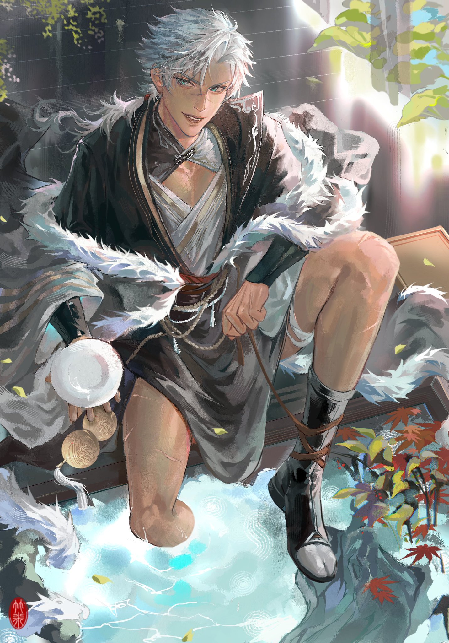 a handsome man with white hair and a dark kimono is sitting with his right foot dangling in a pond of water. he's looking at the viewer with a smirk on his face. the man's clothing features a lot of accessories such as a white wristlet, dark jewelry and a long chain. there are flowers and green plants in the background.