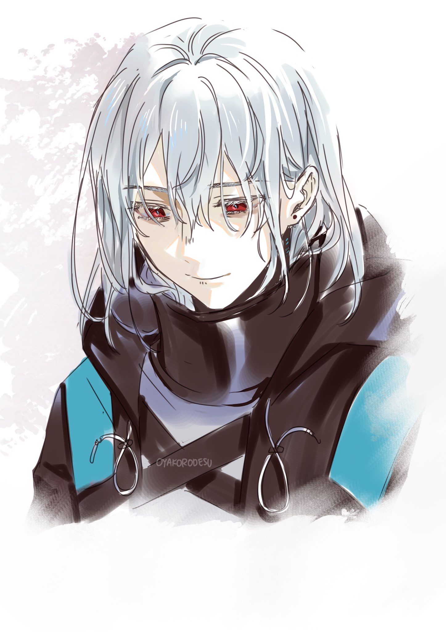 an anime illustration of a young male character with white hair and red eyes. he is wearing a black jacket with a blue strap and looks sad or thoughtful. the drawing is in a digital art style and has a sketchlike feel.