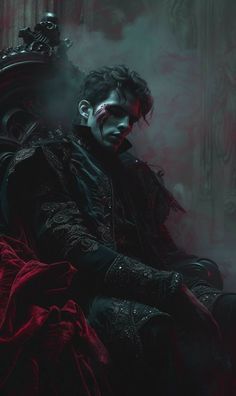 a man in elaborate, dark, gothicinspired attire sits upon a throne.  his pose is relaxed yet commanding. he has dramatic makeup with stylized markings on his face. the lighting is dark and moody, focused primarily on the subject with the background fading into shadow. the overall aesthetic suggests a dark fantasy or gothic concept.