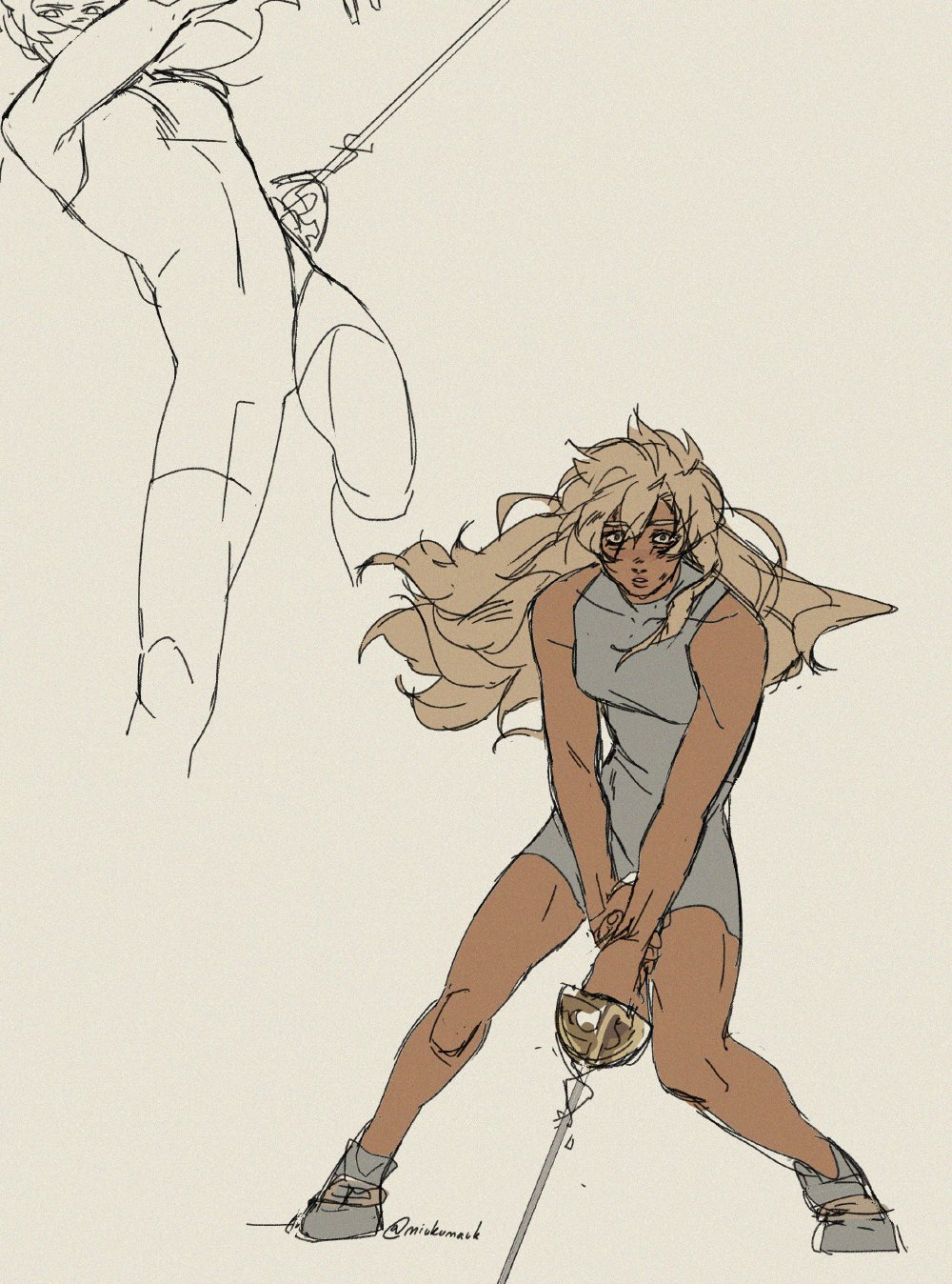 a sketch of a woman holding a sword. the woman has long blonde hair and is wearing a sleeveless dress. she is in a fighting stance, her sword pointed forward. the drawing is done in a sketchy style, with a lot of detail in the woman's anatomy and the sword.  she is outlined in black with various shades of brown and gray to show muscle tone, and her hair is a light golden color.  behind her in the image, a faded outline of a person holding a sword can be seen.  the drawing is on a white background with an artistic watermark at the bottom of the image.