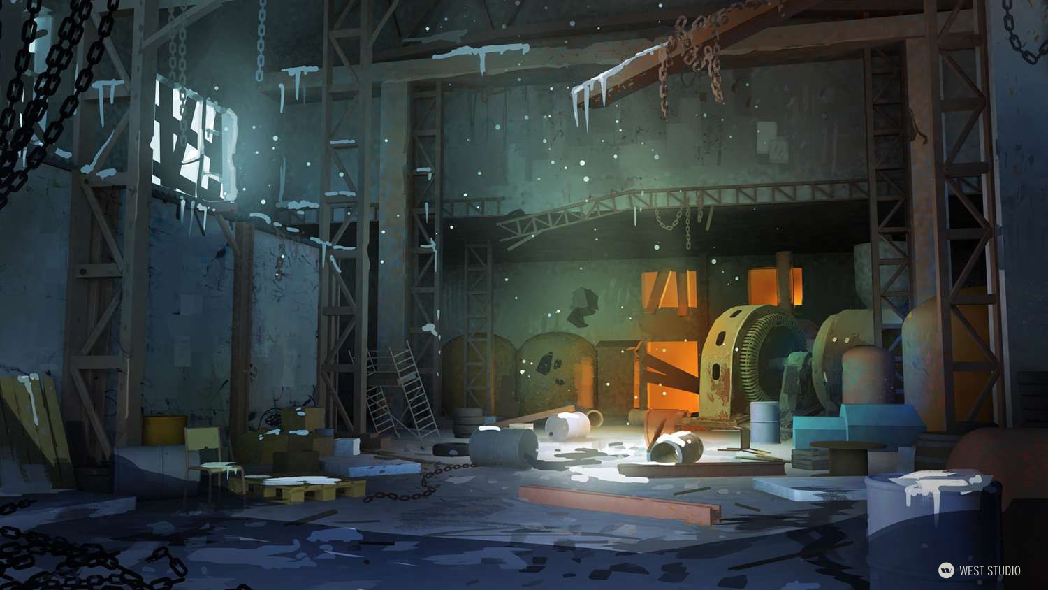 the image depicts the interior of a large, abandoned factory. snow falls through holes in the ceiling, illuminating the dusty and dilapidated space with shafts of sunlight. rusted machinery, discarded barrels, and scattered debris litter the floor. the overall atmosphere is one of decay and abandonment, heightened by the cold, wintry setting.