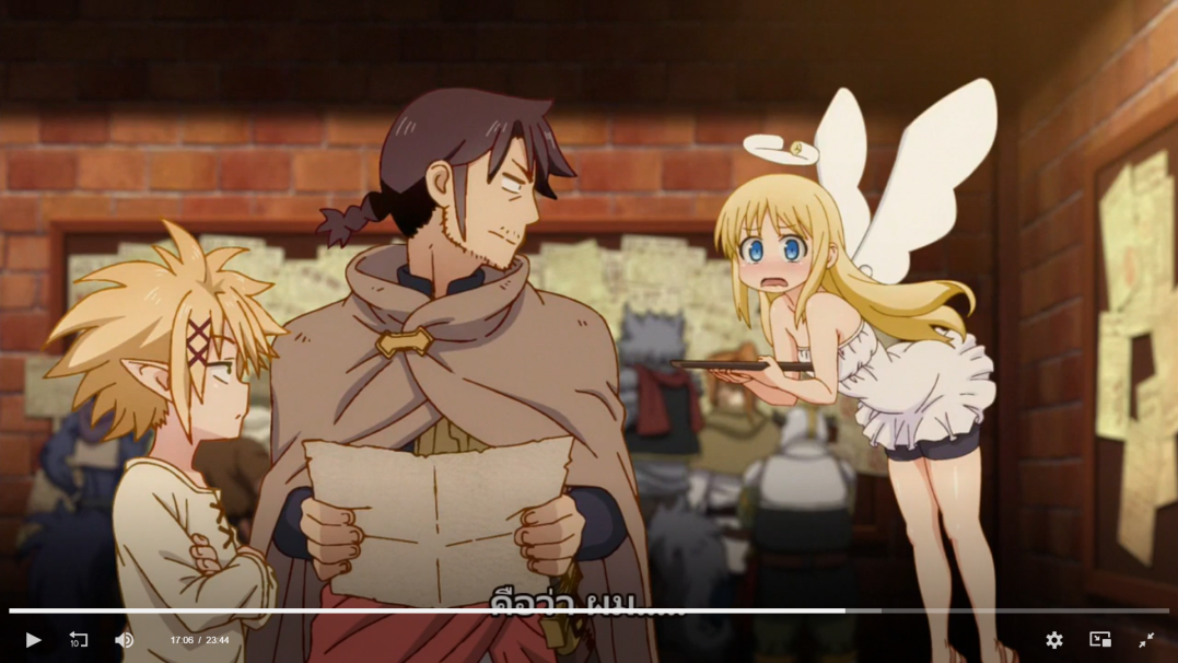 the scene shows three anime characters, all standing in a room with brick walls. the character in the center, a man with dark hair and a brown robe, looks  very annoyed and is holding a scroll in his hands. he is speaking to the  character on the left, a boy with blonde hair, who looks worried. the character on the right is a blonde woman with angel wings, and she is holding a tray with her hand. she has a scared expression on her face and is looking to the left.