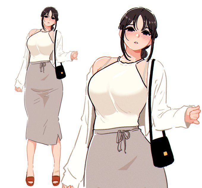 a stylized illustration showcasing a young woman with dark brown hair pulled back in a halfupdo. she is wearing a white halter neck top and a gray midi skirt with a drawstring. over her outfit, she has a loose, longsleeved white cardigan. she accessorizes with a small black shoulder bag and opentoe heeled sandals. the image has a soft focus, creating a gentle and approachable vibe. the background is plain white.