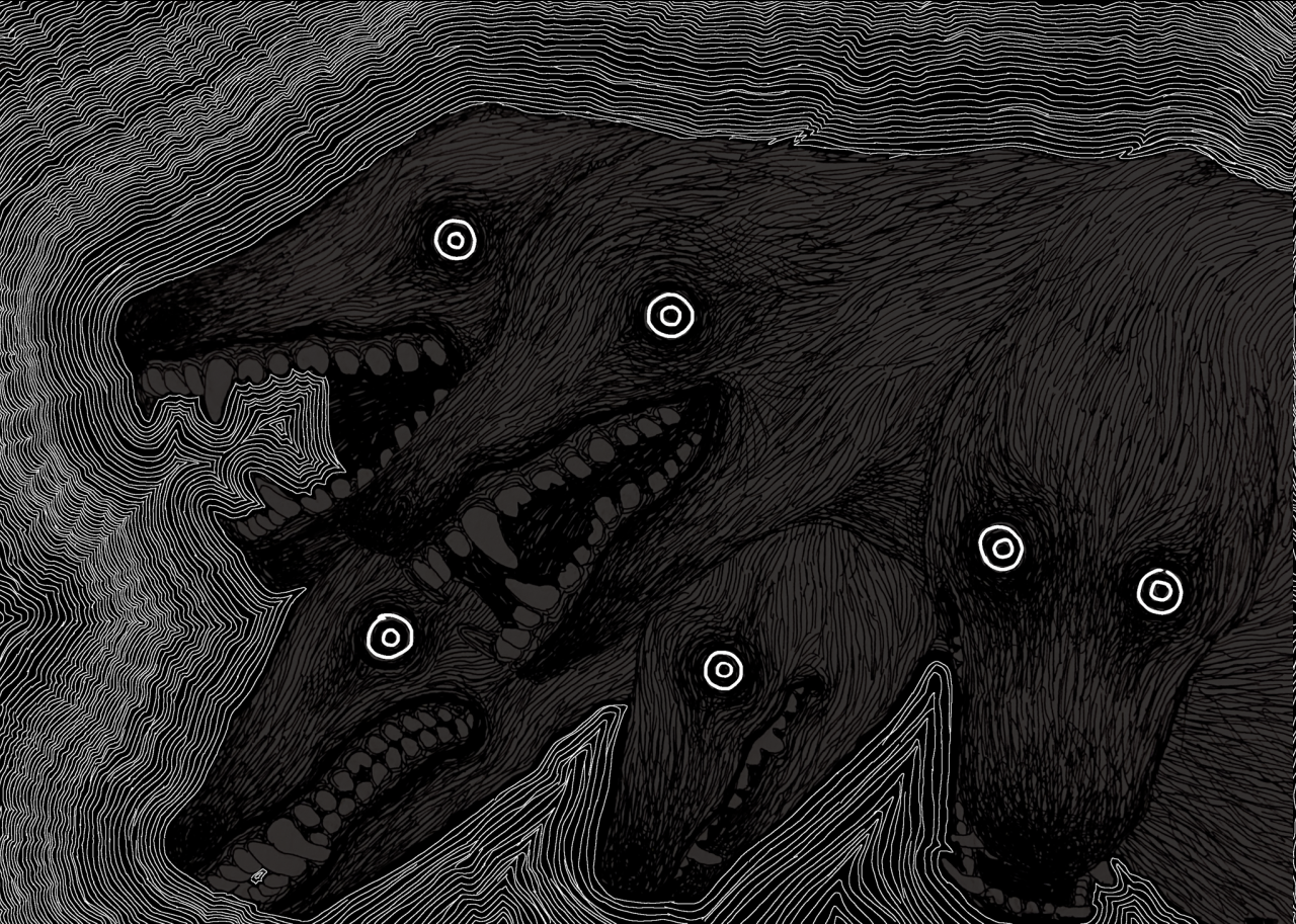 the image depicts a cluster of grotesque, doglike heads emerging from a dark and textured background, perhaps a cave. each head possesses multiple, piercing white eyes with black pupils and sharp, pointed teeth bared in a menacing snarl. the overall impression is one of intense horror and unsettling dread.