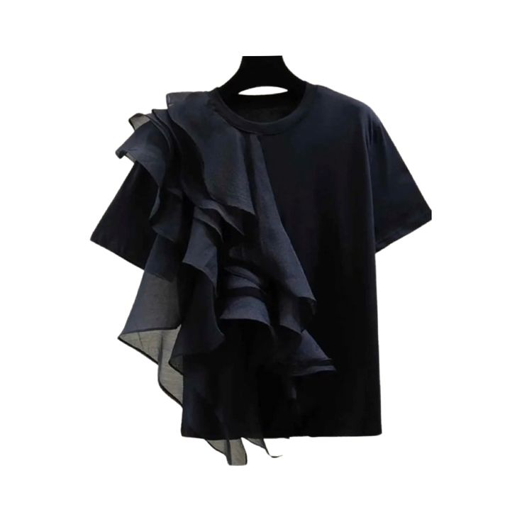 a black tshirt with a ruffled sheer fabric overlay on the left shoulder and a crew neckline. the shirt has short sleeves and is a casual yet stylish piece.