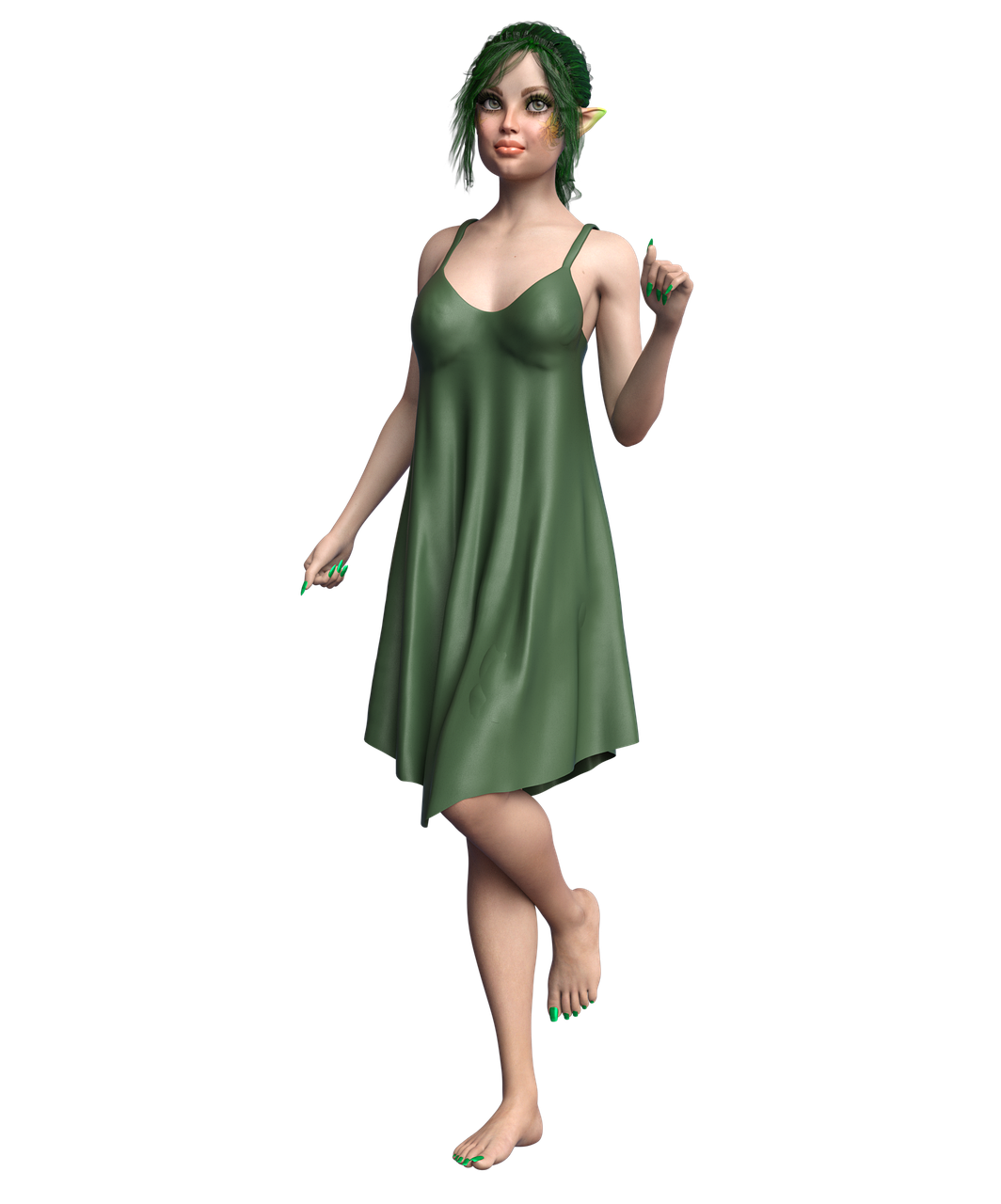 a 3d rendering of a fantasy elf woman with green hair and pointy ears standing barefoot. she is wearing a short, simple green dress and has green nail polish. she is standing on a black background.