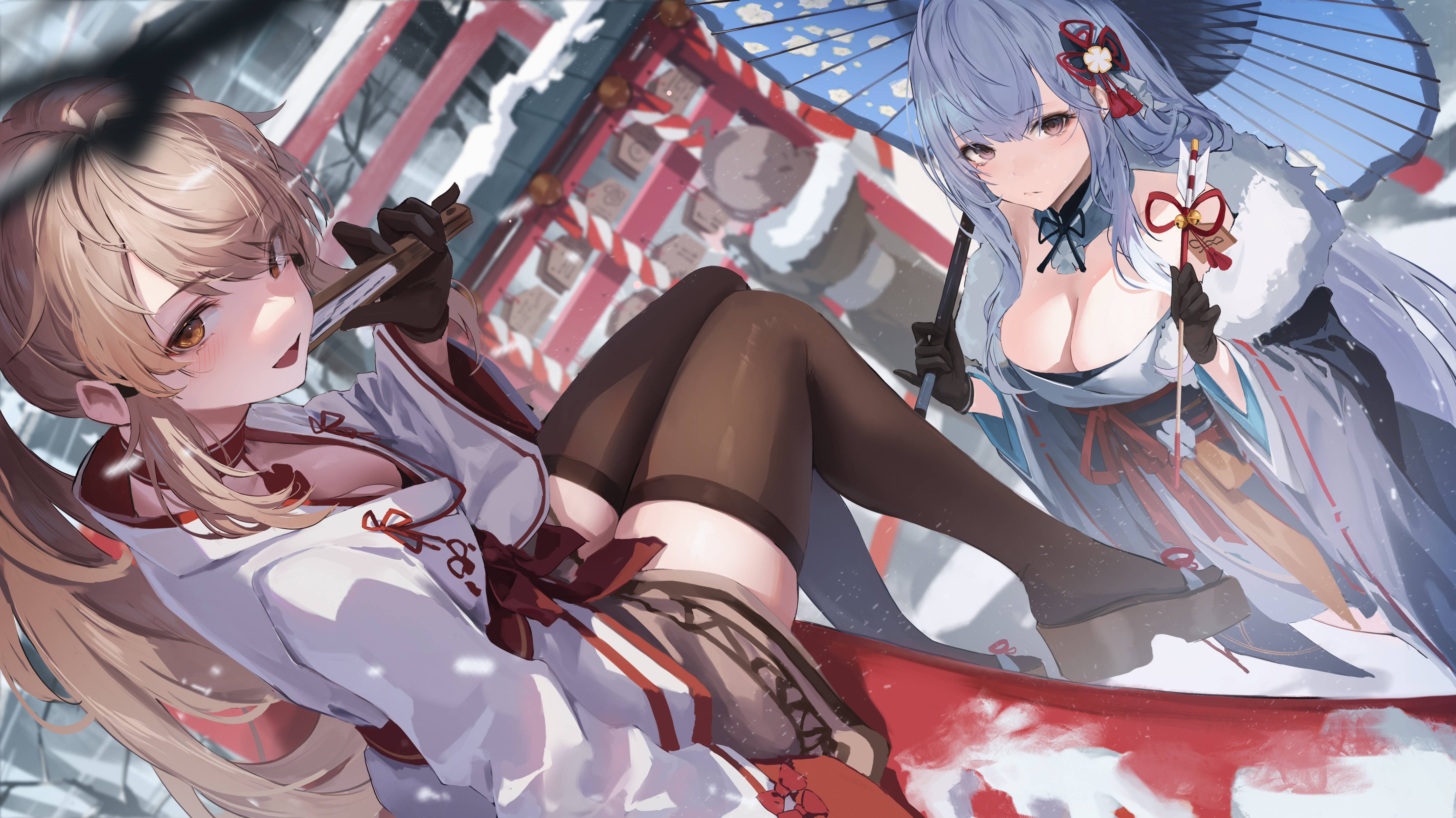 he image shows two anime girls in kimonos, one with blonde hair and the other with light blue hair. they are standing in front of a japanese temple or shrine covered in snow. the blonde girl is holding a fan and the light bluehaired girl is holding an umbrella and a small stick with a decorative bow. they both appear to be enjoying themselves. the art style is colorful and vibrant, and the image has a magical and fantasy feel.