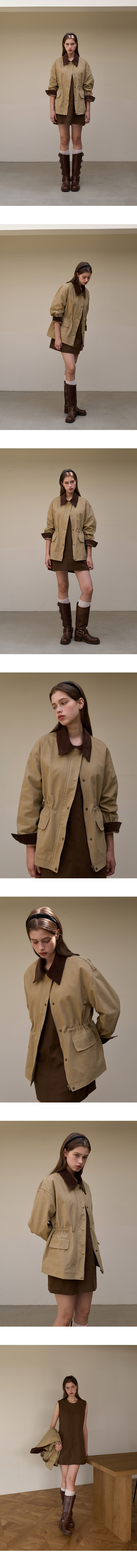 a series of portraits shows a woman wearing a matching beige jacket, skirt, and hat, paired with brown boots. the woman is posing in various positions against a plain background, with the focus on showcasing the clothing. the shots are taken indoors with soft lighting.