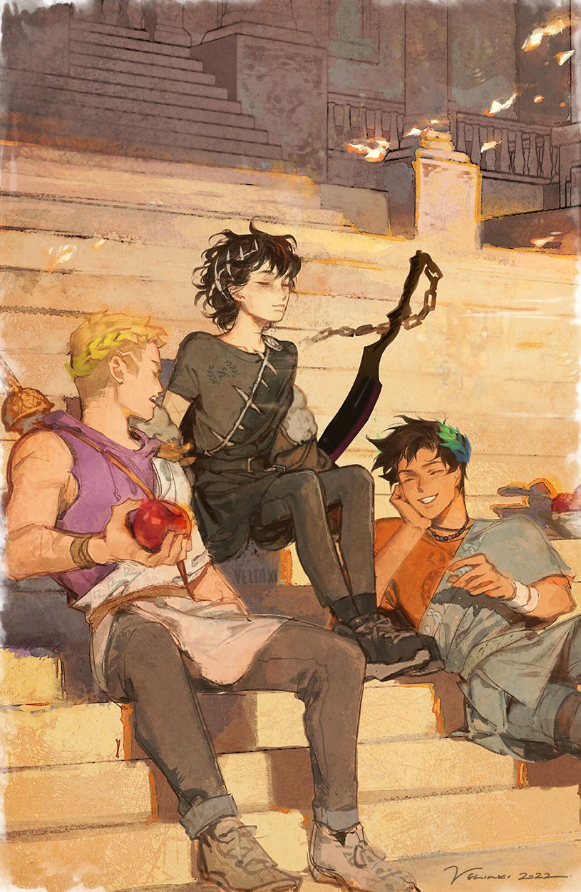 fan art illustration depicting percy jackson, nico di angelo, and will solace from the percy jackson book series, sitting on a set of stone stairs. percy, with a green laurel wreath on his head, leans back smiling. nico, wearing dark clothing, sits in the middle holding a sword and chains. will, with a golden laurel wreath, sits on the left side holding a pomegranate.