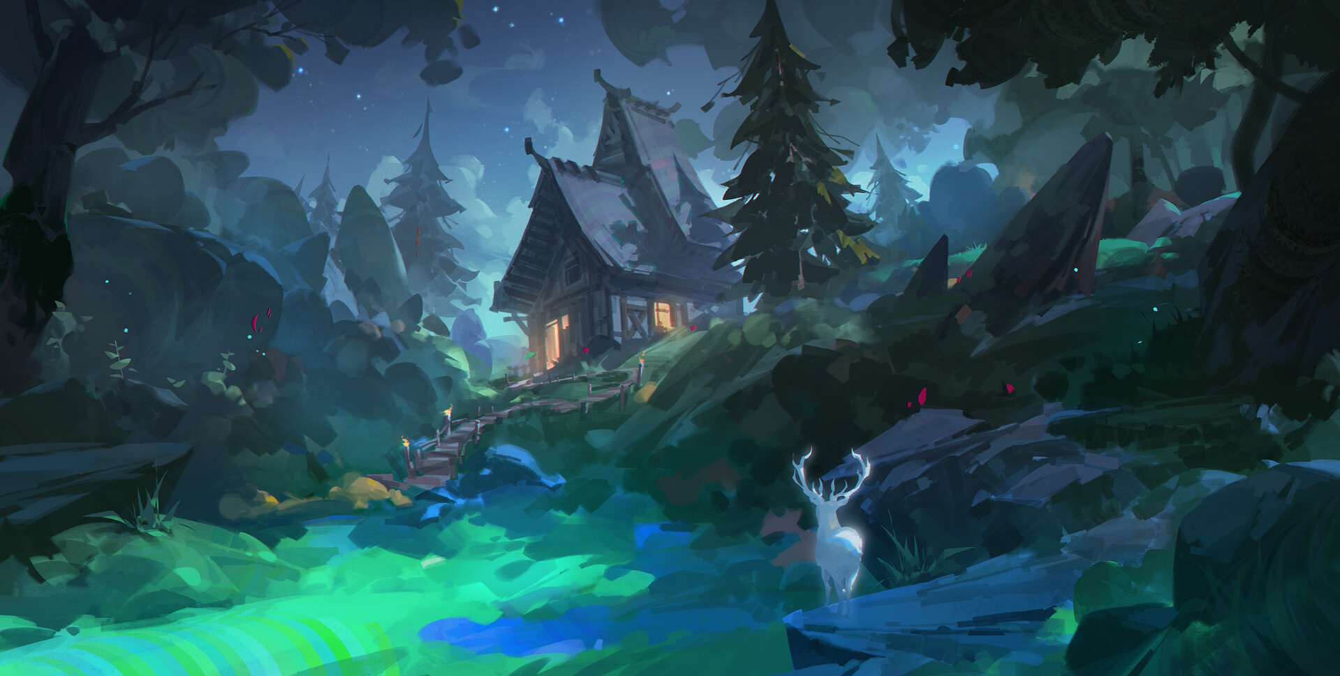 the image depicts a cozy wooden cabin nestled in a moonlit forest. a white stag with glowing antlers stands on a rocky outcrop in the foreground, gazing towards the cabin.  the cabin is perched on a hill, accessible by a small wooden bridge over a stream that glows with an otherworldly green light. tall trees surround the clearing, their silhouettes stark against the deep blue of the night sky. the scene evokes a sense of tranquility and magic.