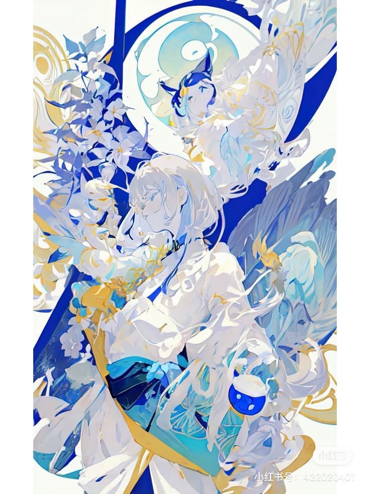 an anime style digital painting features a whitehaired character, possibly a girl, surrounded by blue and white flowers and an angellike figure. the style is stylized with a blend of hard lines and soft gradients, giving a fantasy feel.