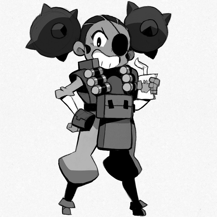 it is a black and white digital illustration of a demoman, a playable character in the video game "team fortress 2". the character is depicted in a stylized cartoon style, resembling a chibi or super deformed art style. the demoman is holding a grenade in his right hand and wearing his signature eyepatch.  the drawing is simple with minimal details.