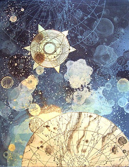 the image depicts an artistic rendering of celestial and astrological elements. there is a central geometric object with starlike points, surrounded by concentric circles. the background is a field of blue with white speckles that suggest stars or a nebula. a circular chart or map showing constellations and lines is at the bottom. overall, the image creates a sense of cosmic depth and mystical exploration.