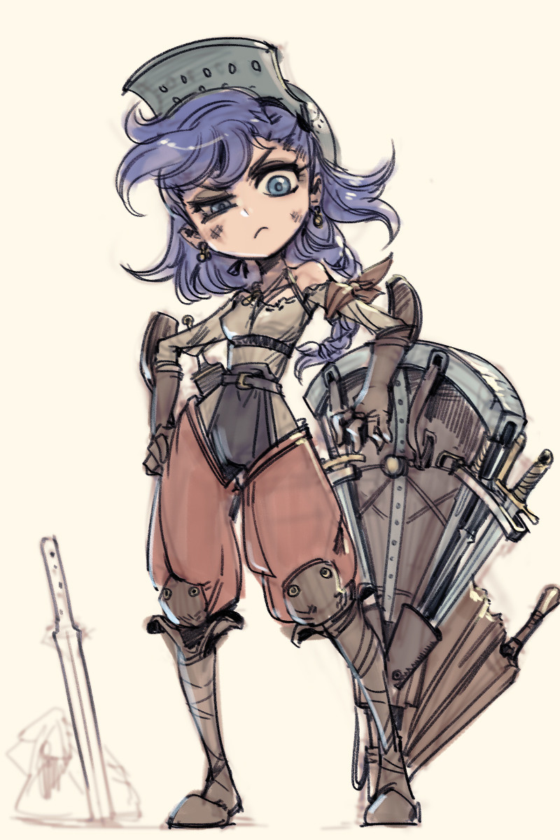 a handdrawn illustration of a female anime warrior in armor, holding many swords, with a stern expression.