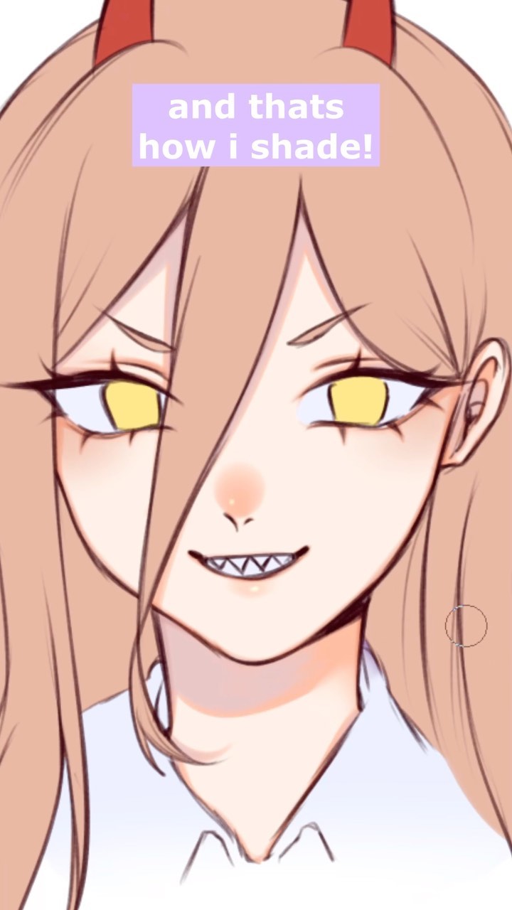 the image is a closeup digital drawing of an animestyle girl with long, light blonde/pink hair and red devil horns. she has bright yellow eyes and a sharptoothed, almost sinister smirk.  the art style is soft and slightly sketchy, with a focus on soft shading and light highlighting to create a cute yet subtly mischievous look. a purple text box overlay states "and thats how i shade!" indicating the image is likely showcasing the artist's shading technique. the girl appears to be wearing a collared shirt.