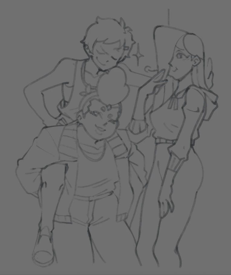 a sketch drawing of three young people posing for a picture. the two girls are standing side by side. the girl on the left has her arm around the boy's shoulder. they are all smiling and seem to be enjoying their time together. the drawing is done in a cartoon style and has a simple, clean look to it.