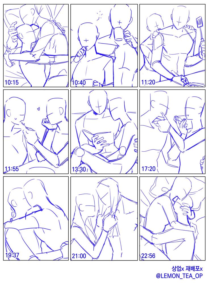 this is a drawing reference sheet for artists. there are 9 different poses for couples that can be used as inspiration for drawing. the poses range from simple to complex and show different positions that a couple can be in. the poses are drawn in a simple style with basic lines.