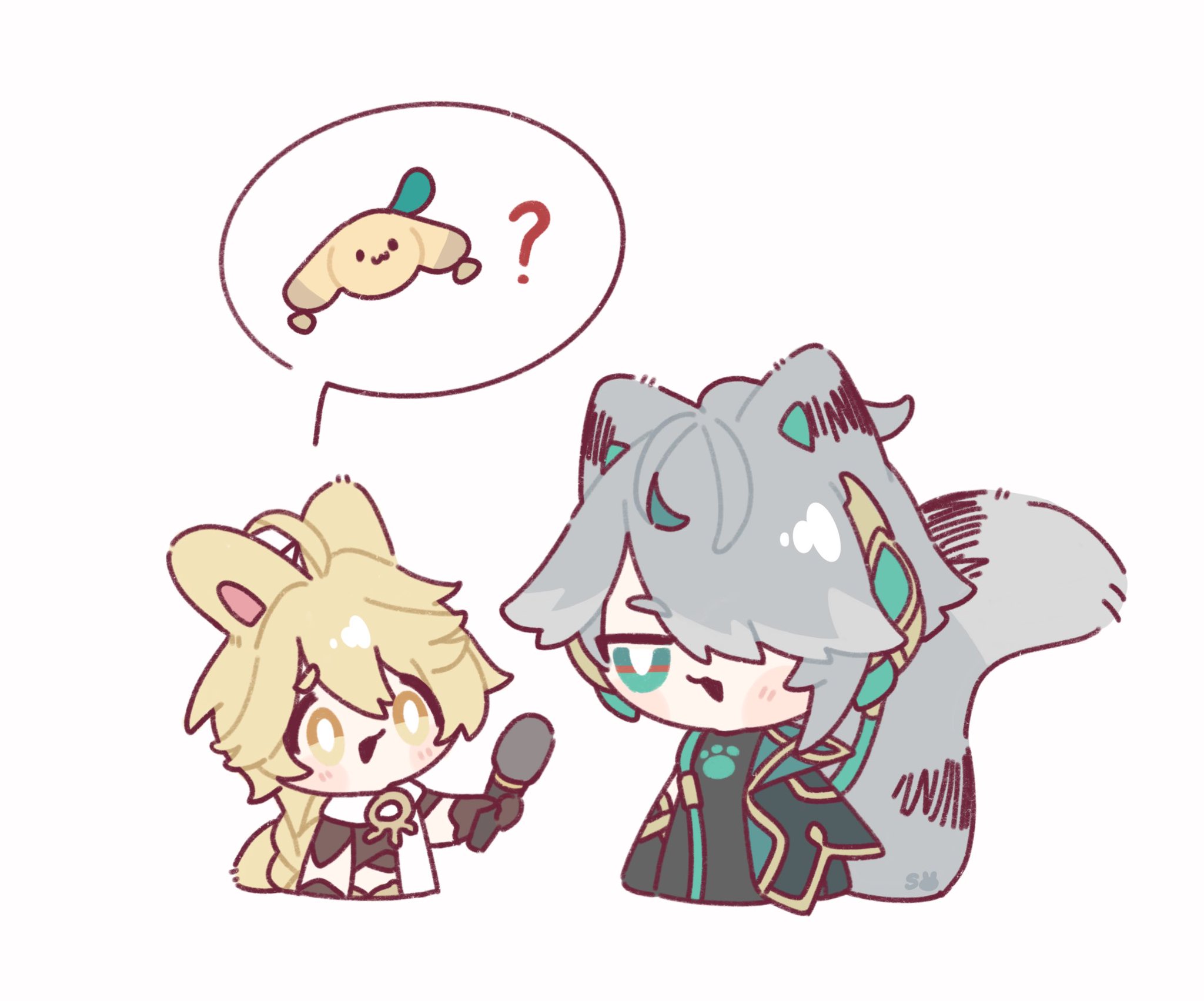 the image is a piece of fanart depicting chibi versions of paimon and scaramouche from the video game genshin impact.  paimon, holding a microphone, looks at scaramouche, who is looking somewhat unimpressed. above paimon's head is a thought bubble showing a small, cartoonish image of a dog or puppy, and a question mark, suggesting a possible query or comment related to the dog. both characters are drawn in a cute, cartoonish style with exaggerated features and simplified proportions. the overall art style is soft and lighthearted.