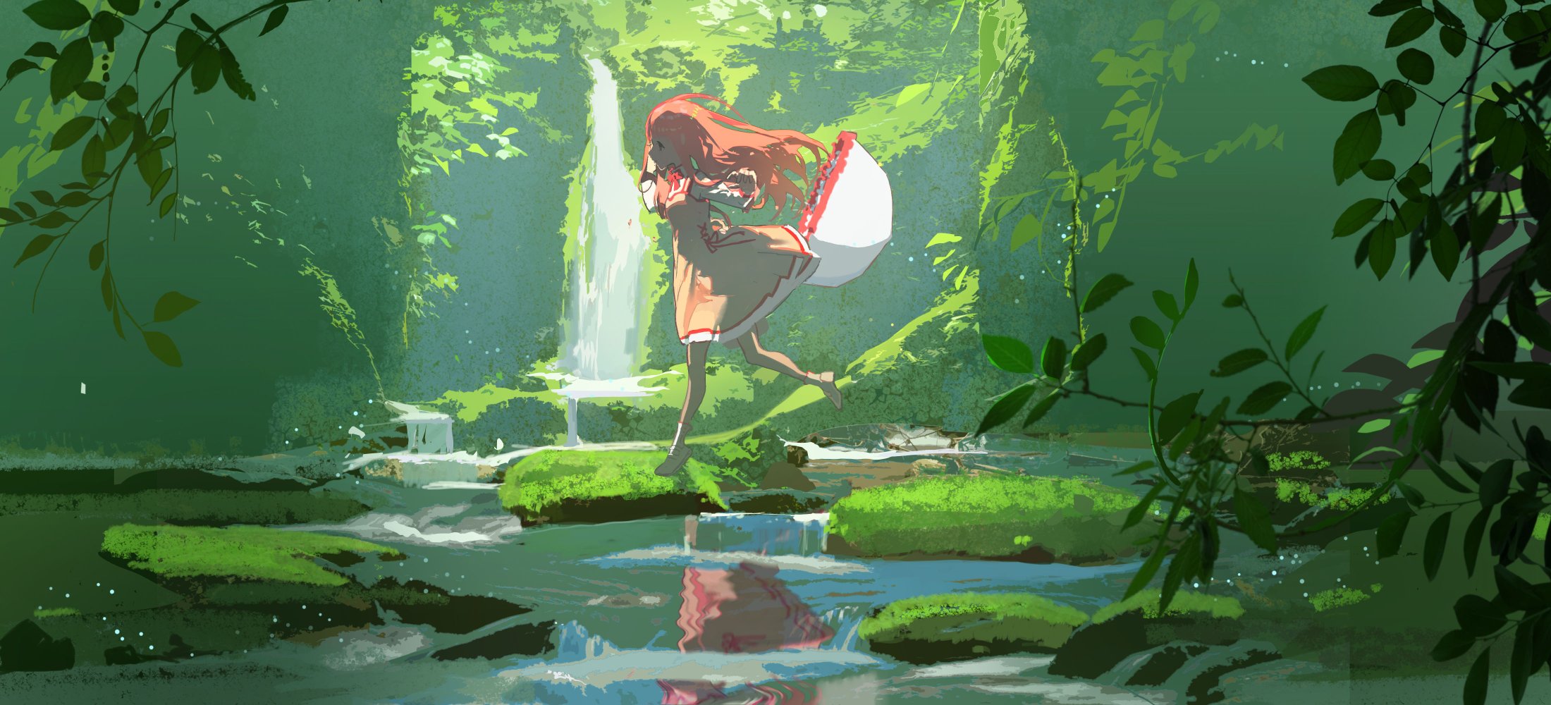 a beautiful anime girl with long red hair walks through a forest along a stream. the stream flows past mossy rocks and a waterfall. the girl is wearing a white and red dress and is holding a basket. she is surrounded by lush green foliage. the scene is set in a fantasy world.