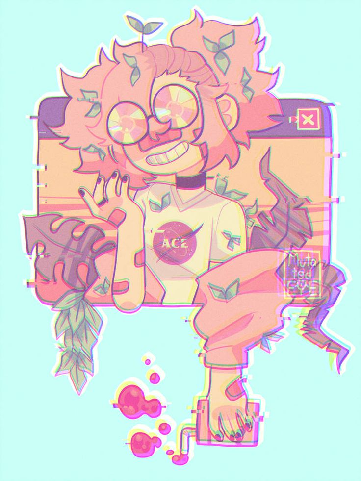 a colorful and bubbly digital illustration of an anime girl character with pink hair, glasses and an ace logo shirt. the girl is smiling happily while holding a pink can, bubbles are floating around. the artwork uses a digital glitch effect to create a trendy feel.