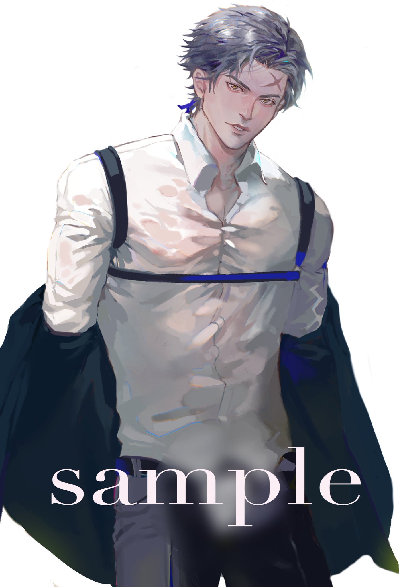 this is a digital illustration of a young anime boy. he has long white hair and is wearing a white shirt with a blue strap across his chest. he is also wearing a black jacket that is open. he is standing and looking to the side. the background is white.