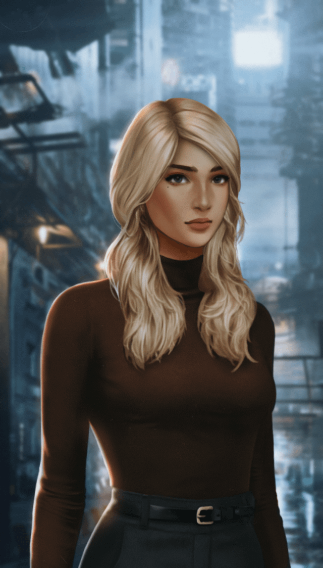 an illustration of a fairskinned woman with blonde hair wearing a brown turtleneck sweater and a black belt in front of a blurred urban background.