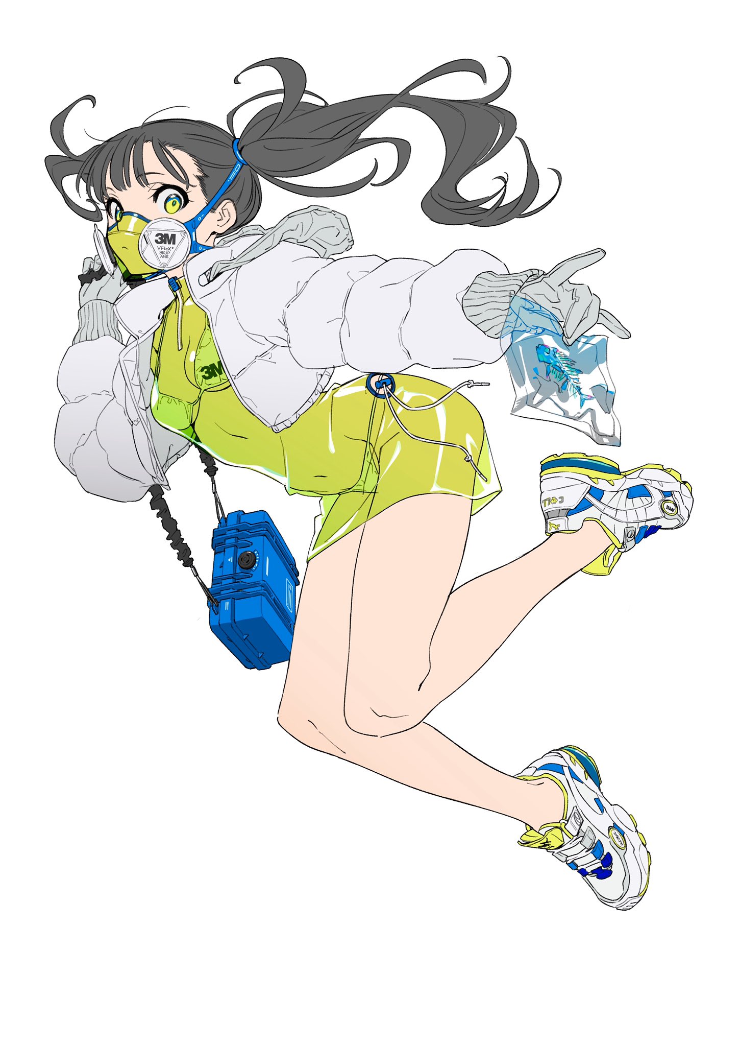 he image is a digital illustration of a stylized anime girl. she's depicted in a dynamic pose, midleap, wearing a white puffer jacket, bright yellow bodysuit, and chunky sneakers.  she's also wearing a 3m respirator mask and carrying a small blue case and a bag. her long dark hair is pulled back into a ponytail. the overall style is a blend of cyberpunk and streetwear aesthetics, with a focus on bold colors and dynamic lines.  the art style is clean and crisp with clear linework and vibrant colors.