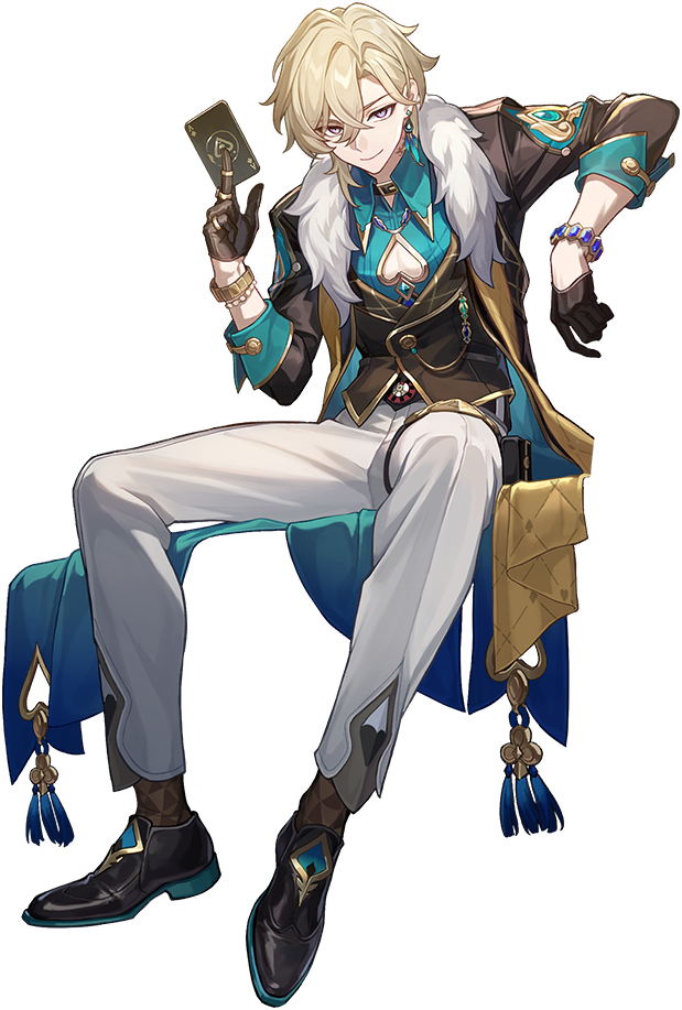 this is an illustration of a male character from the video game genshin impact. he has blond hair, is wearing an elegant teal and gold outfit with white pants and black shoes. he's holding a playing card, specifically the ace of spades, and has various pieces of jewelry. the style is anime/mangainspired.  the background is black, making the character stand out.