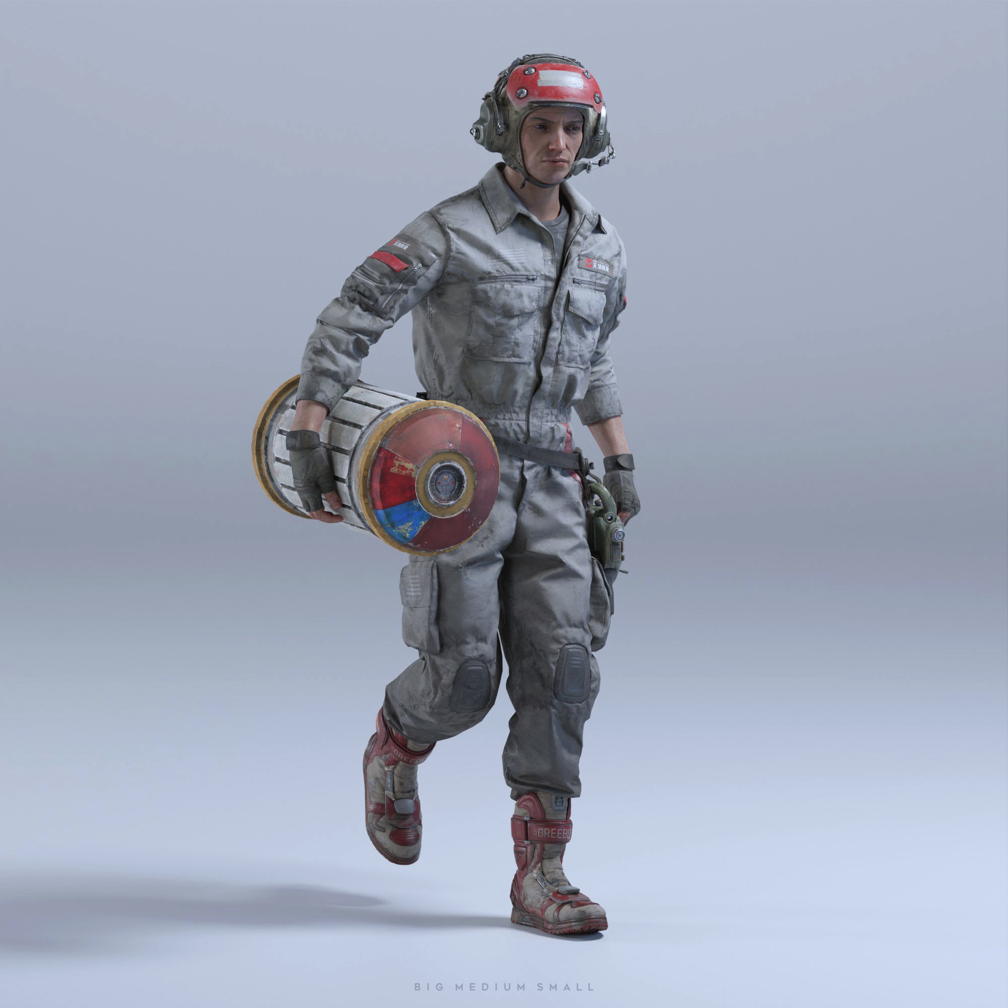 the image is a 3d render depicting a futuristic or postapocalyptic character.  the character, seemingly a worker or soldier, is wearing a grey, worn jumpsuit with red accents.  the jumpsuit has knee and shin guards. they also wear a red and grey helmet and futuristic boots. they are carrying a large, cylindrical gas canister or propellant tank with red, blue, and yellow markings that appear weathered. the scene is set against a simple, light grey background. the overall style is realistic, with attention to detail in the character's clothing and the texture of the objects. the character appears to be in motion, walking toward the viewer.