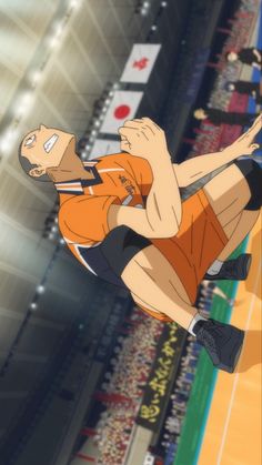 a dynamic, lowangle illustration captures a male volleyball player in midair, about to execute a powerful jump serve. he's clad in an orange and black uniform, the colors vibrant against the muted background of the gymnasium. the perspective emphasizes the height and power of his jump, while his focused expression conveys his determination. the background features blurred figures of spectators, adding to the sense of a large, bustling sporting event.