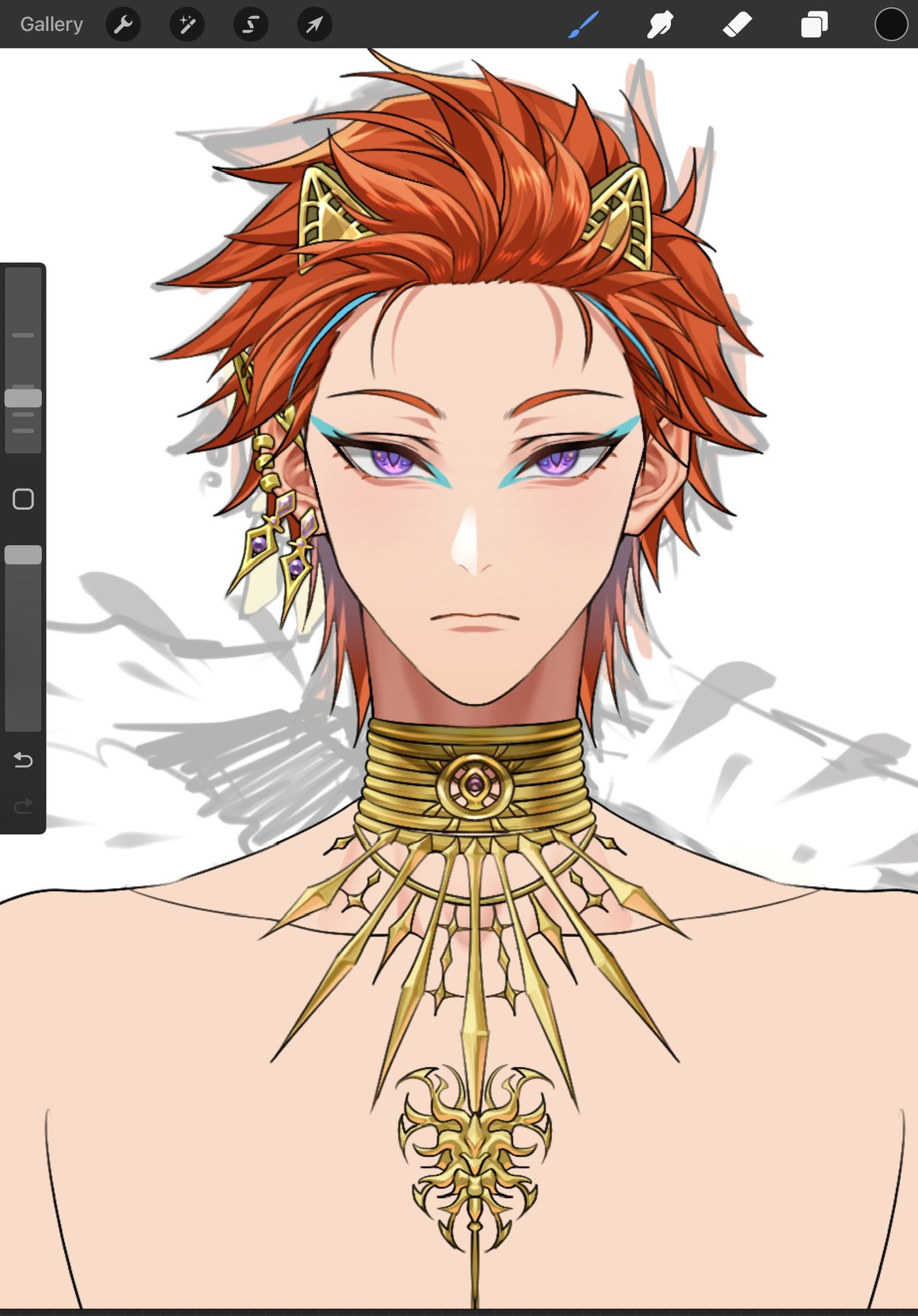 a digital drawing of an animestyle male character. he has bright orange, spiky hair with gold cat earshaped hair accessories. he is wearing a large, ornate golden necklace and earrings. his eyes are a striking purple, and he has subtle makeup. the art style is clean and vibrant. the background is partially visible and features light gray brush strokes.  the image shows the work in progress within a digital art program, with the toolbar visible along the top and left side.