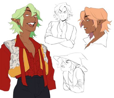 this is an illustration of 4 characters, all in different styles. 2 are male and 2 are female. the characters are all depicted in different poses and with varying expressions, some in the style of manga/anime. there is a red elf wearing a red and white collared shirt and black pants, looking toward the viewer, with a sly smile on his face. beside him, there is a white elf, also male, arms crossed with a somewhat neutral expression. there is a light pink female elf, in a white shirt, with a more stern expression. the final character is a female elf, in a white shirt and black hat, with a concerned expression. they are all in different poses and are in different styles of drawing.