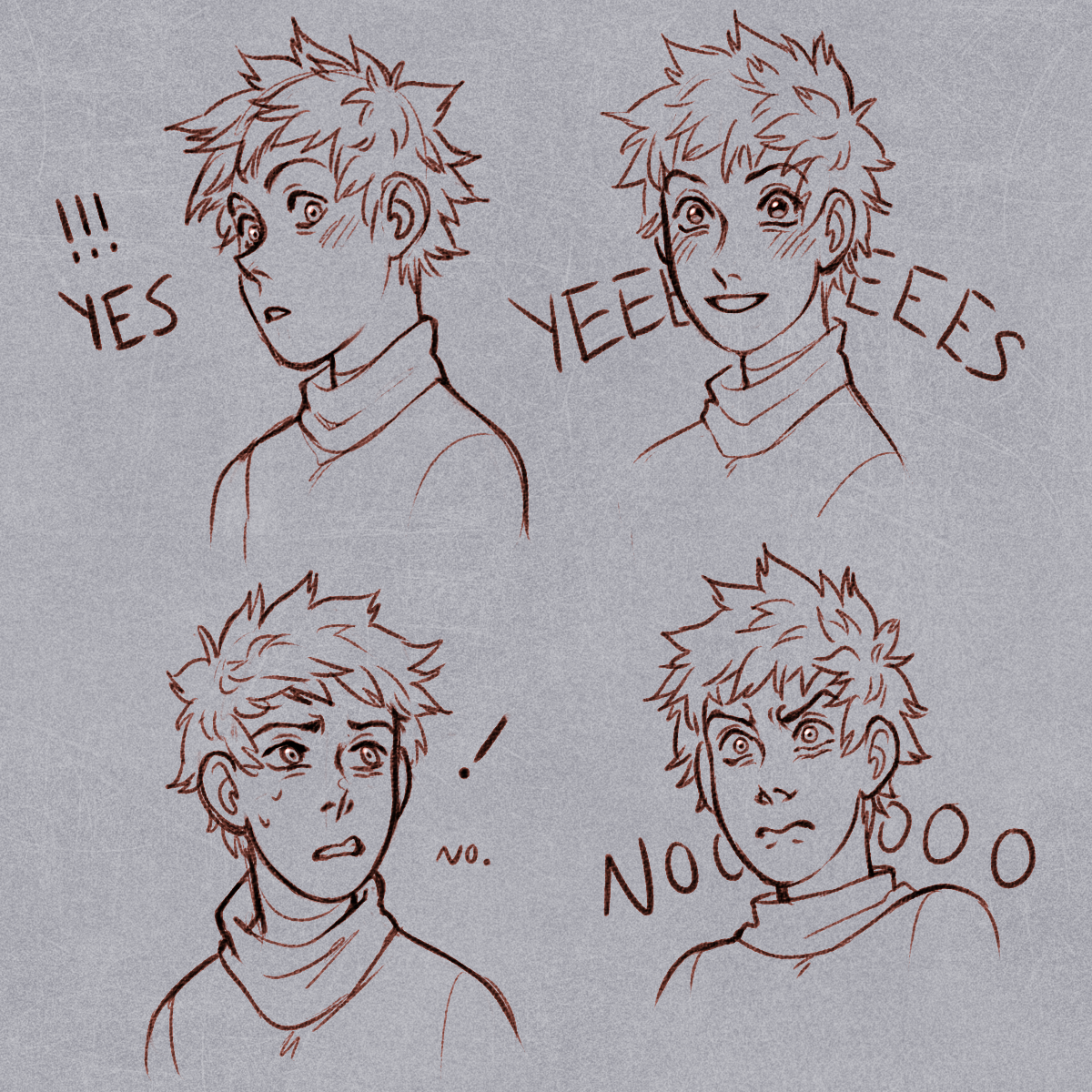 the image shows four different facial expressions of the same male character. he has short, spiky hair and is wearing a turtleneck. the first two expressions, in the top row, show him with his eyes wide and a blush on his cheeks. the text "yes" and "yeeees" accompany these expressions, suggesting excitement or agreement. the bottom row depicts him with a more serious and hesitant demeanor. he has a furrowed brow and his mouth is slightly open. the text "no." and "noooo" are written next to these, indicating disapproval or disappointment. the drawings are sketches, likely part of an expression sheet for character design.
