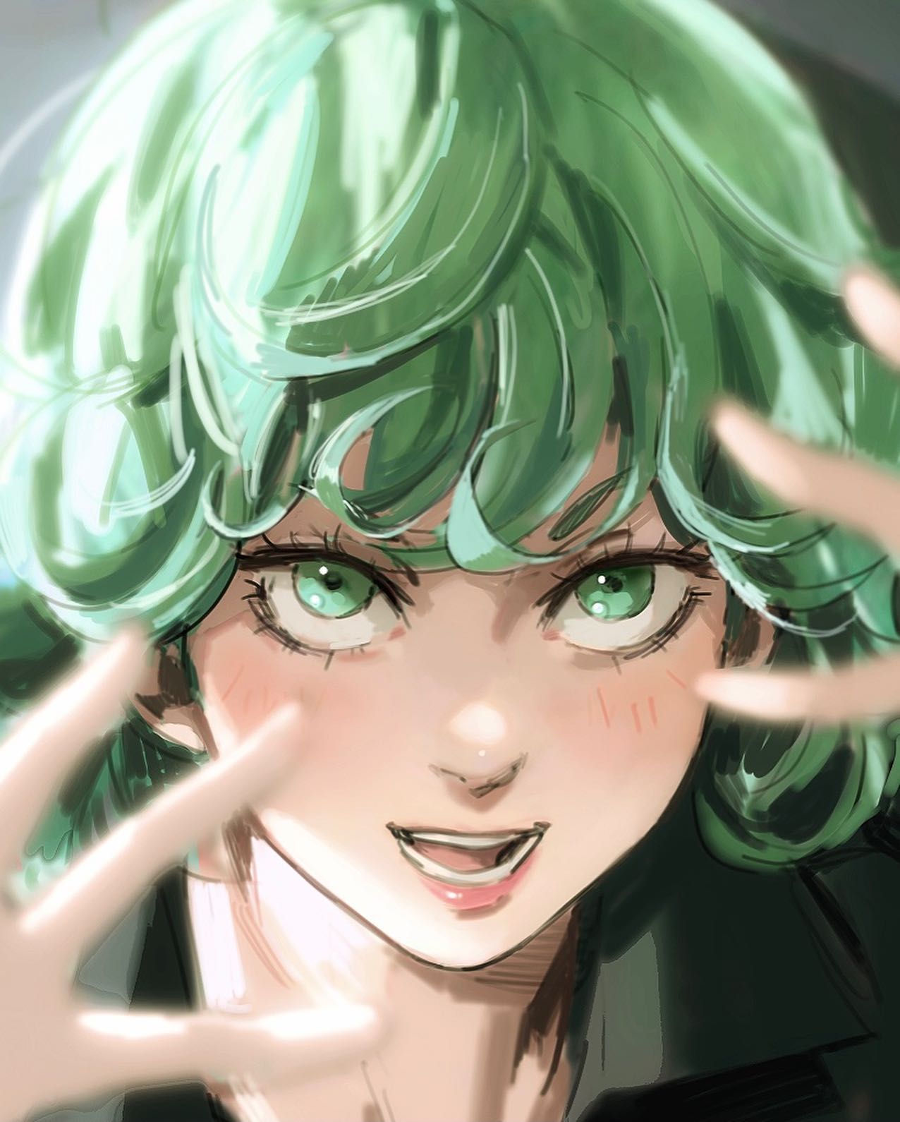 a closeup portrait of tatsumaki, a character from one punch man. she has bright green hair, and her eyes are wide open with a determined smile. she has her hands up in front of her face as if she is about to unleash a powerful attack. the image is drawn in a digital art style and has a vibrant and colorful aesthetic.